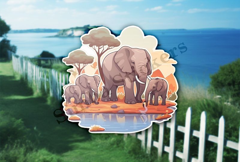 African elephant family at a pond in the Savanna