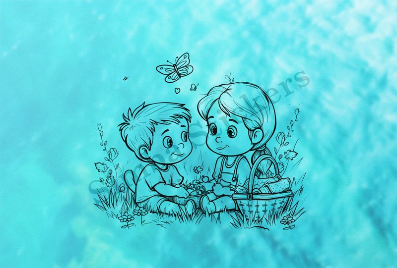 Cute boy and girl with picnic baskets, outline art