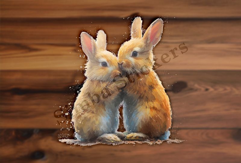 Bunnies in love,  nose-to-nose, arm-to-arm, watercolour