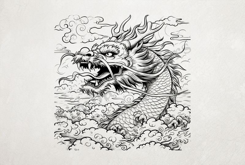 Chinese dragon rising out of the mist, outline art