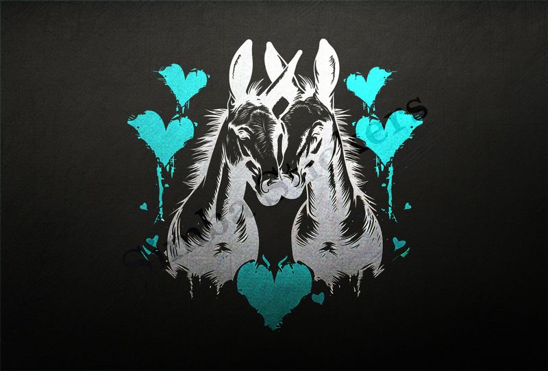 Donkeys nose-to-nose in love,  red hearts, outline art