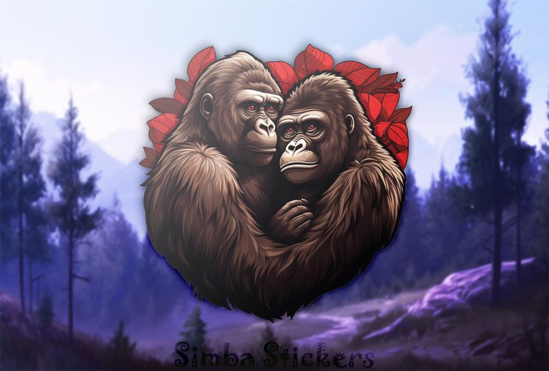 Gorillas in love arm-in-arm in red flowers, 9cczp5