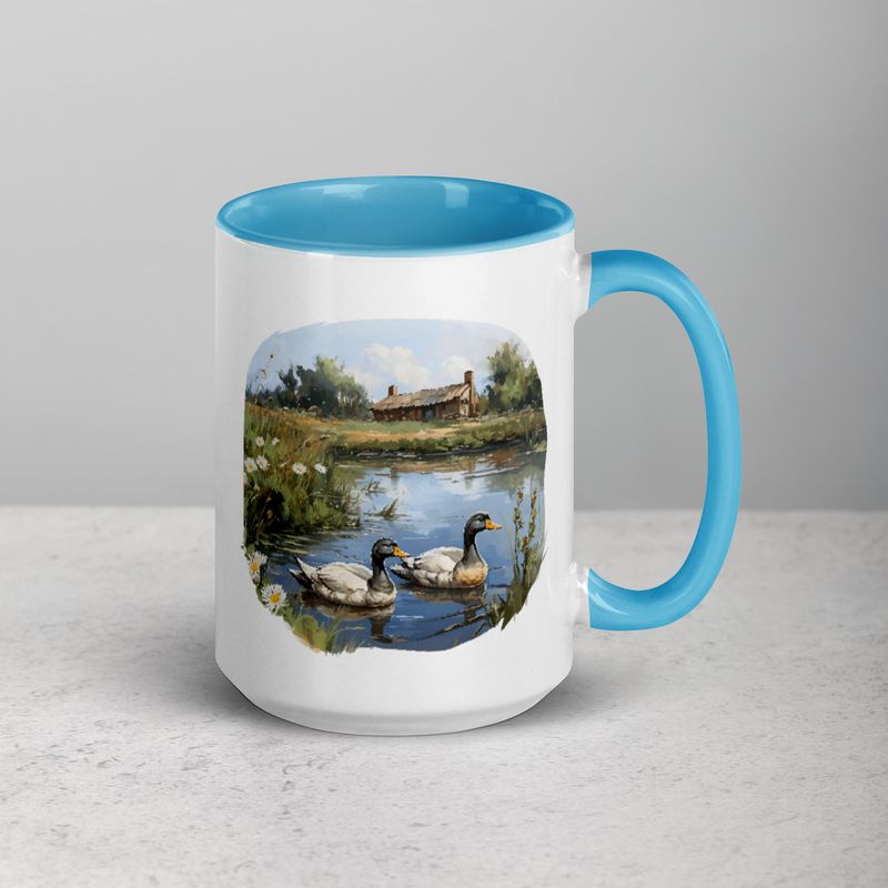 White Ceramic Mug with Color Inside, 11 &amp;15oz, Ducks in love swimming in farmhouse pond 