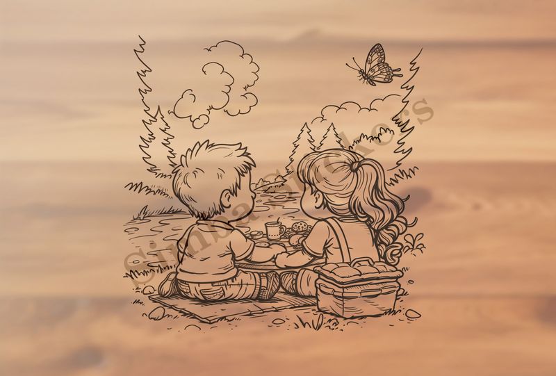 Boy and girl  having a picnic by the river bank, outline art