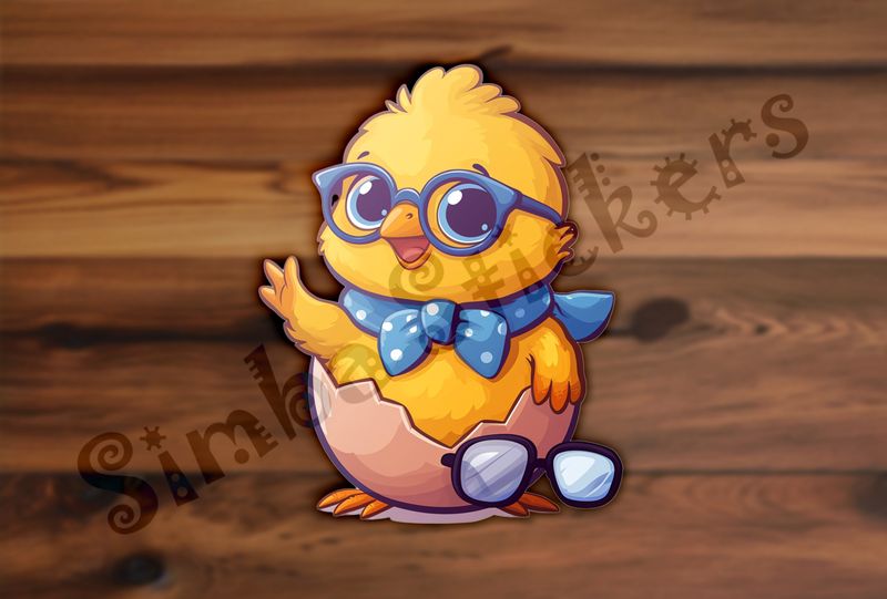 Chick in glasses and bowtie waving, spare glasses on floor