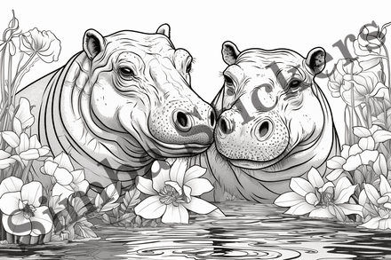 Colouring pages, Bundle of hippos in love, 10 images