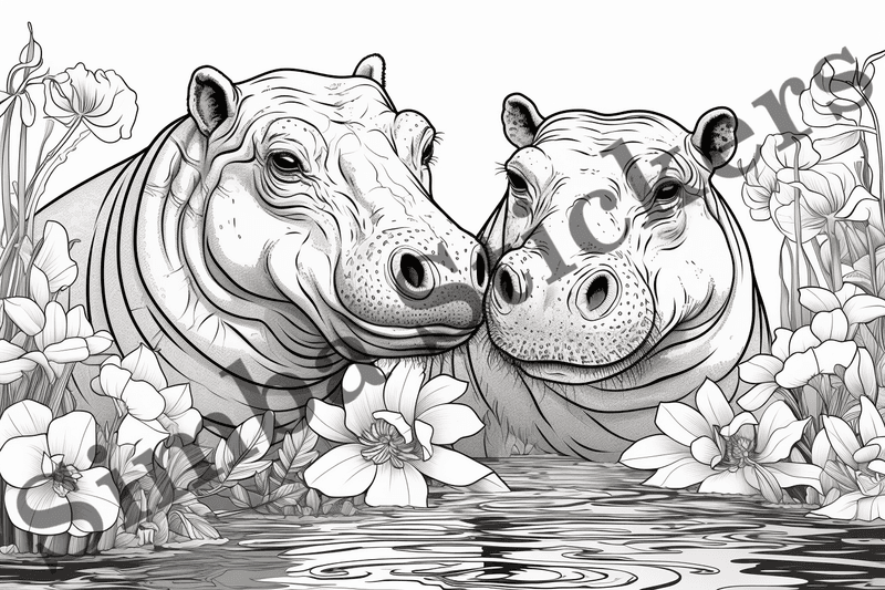 Colouring pages, Bundle of hippos in love, 10 images