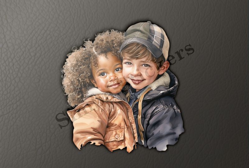 Girl and boy cheek-to-cheek, boy in hat