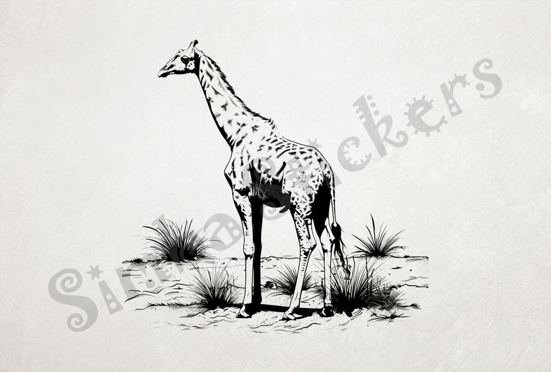 Giraffe standing in shrubs, outline art