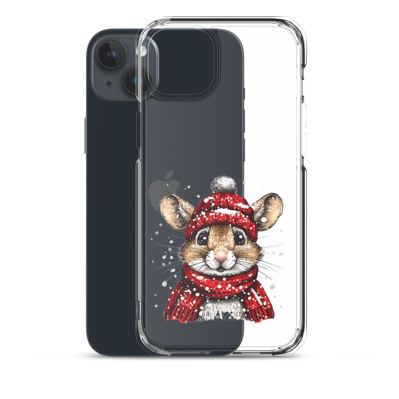Clear Case for iPhone, Mouse wearing red winter hat and scarf in the snow, xg8dl3