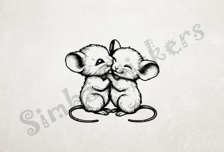 Baby mice cheek-to-cheek happily,  outline art