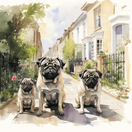 Pug dogs outdoors, image set, 10 images