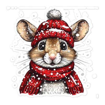 Sticker 5.5x5.5, Mouse wearing red winter hat and scarf in the snow, xg8dl3