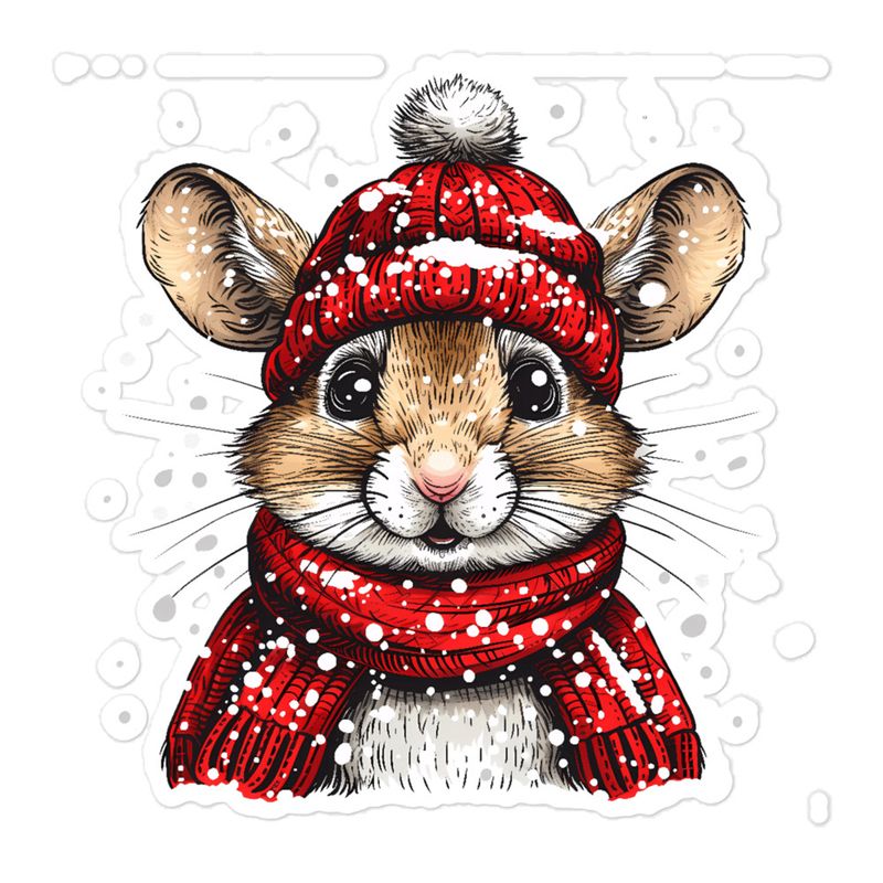 Sticker 5.5x5.5, Mouse wearing red winter hat and scarf in the snow, xg8dl3