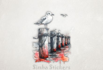Seagull perching on strung-up pole in water, watercolour, oxacxj