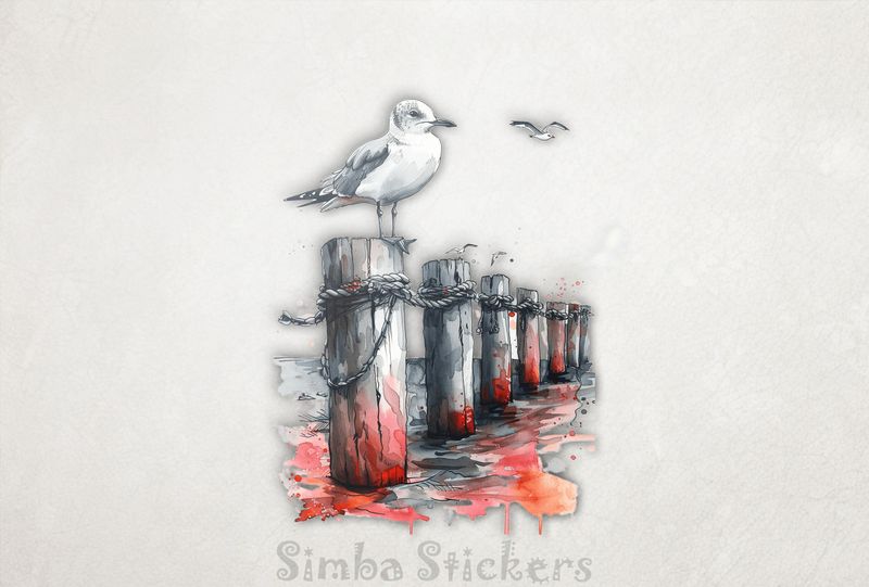 Seagull perching on strung-up pole in water, watercolour, oxacxj