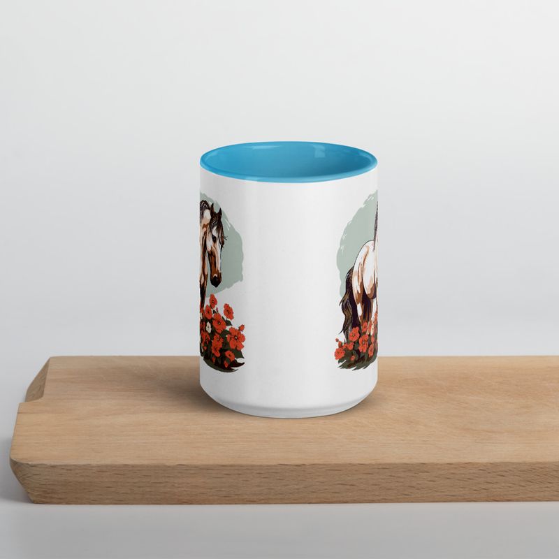 White Ceramic Mug with Color Inside, 11&amp;15oz, Brown horse in field of red flowers, n4w2fj