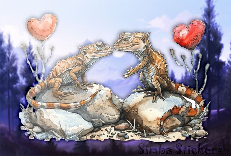 Lizards in love on 2 rocks, watercolour