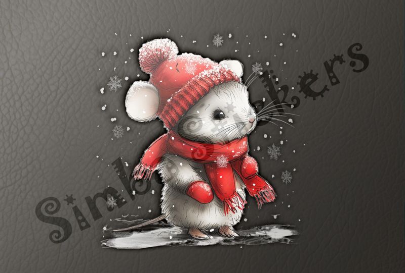 Mouse wearing red winter hat, scarf and gloves in the snow