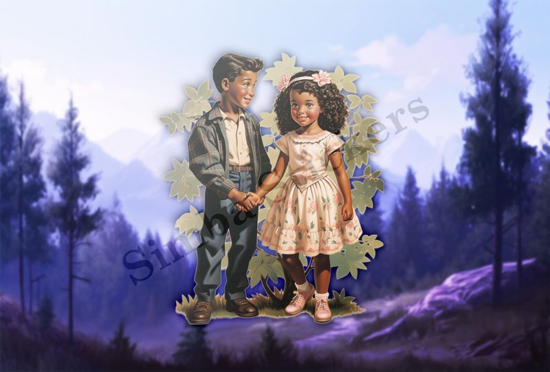 Boy and girls holding hands, leaves behind them