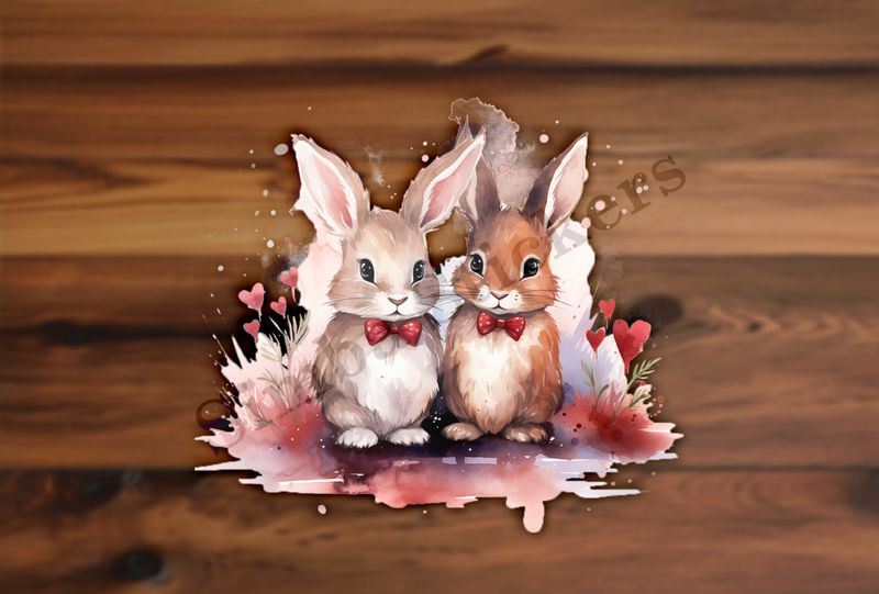 Bunnies with bowties in love, watercolour