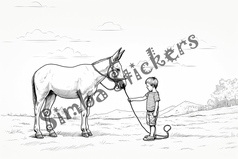 Colouring pages, bundle of donkeys with children, 25 images 2