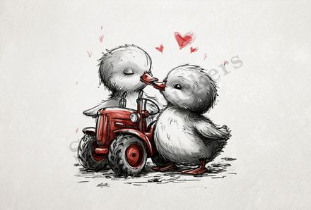 Two ducklings kissing over farmer&#x27;s tractor, outline art