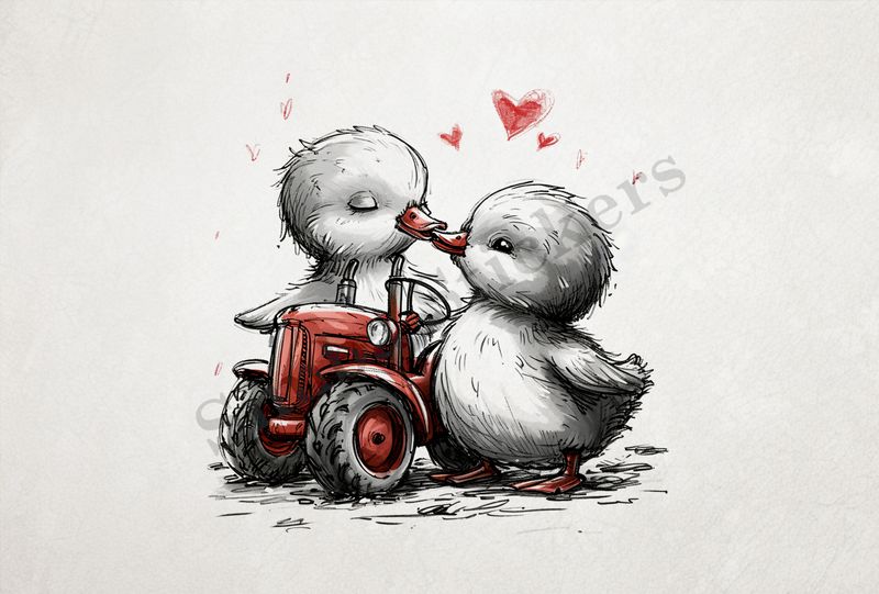 Two ducklings kissing over farmer&#x27;s tractor, outline art