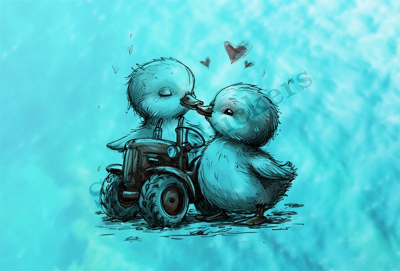 Two ducklings kissing over farmer&#x27;s tractor, outline art