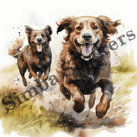 Dogs running, chasing each other, watercolour, image set, 10 images