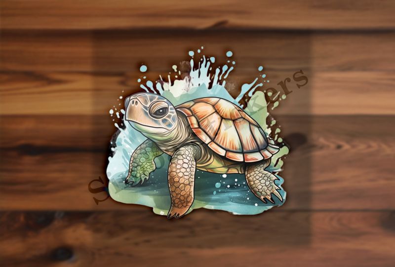 Tortoise walking and splashing, watercolour