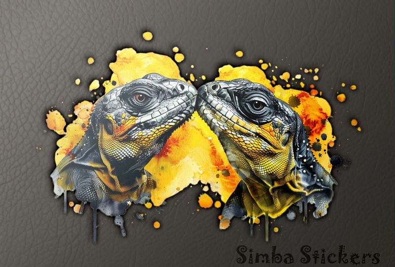 Llizards nose-to-nose in love, in front of yellow-red background, watercolour