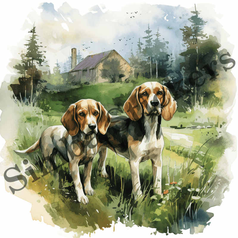 Beagle dogs in the wild, watercolour, image set, 10 images