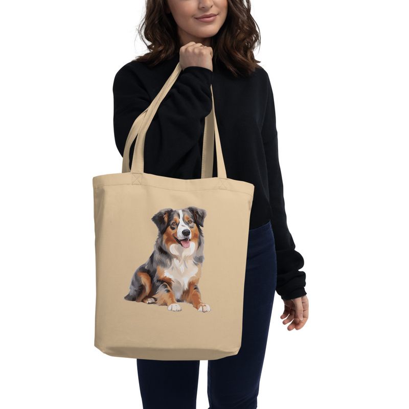 Eco Tote Bag, Australian Shepherd dog sitting with tongue out, multiple colours