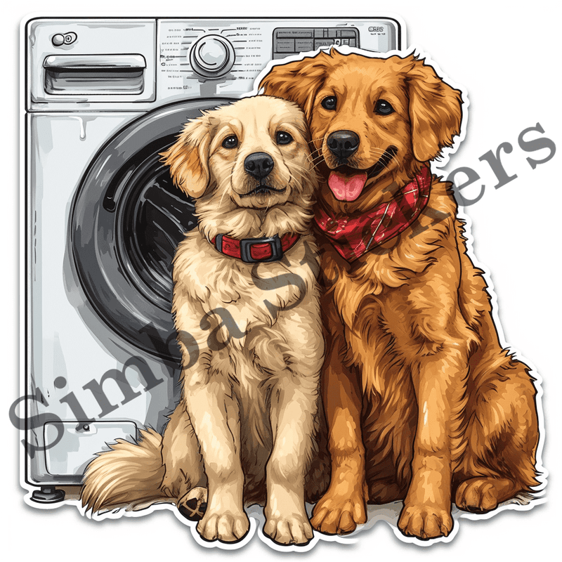 Dogs cuddling by washing machine, image set, 10 images