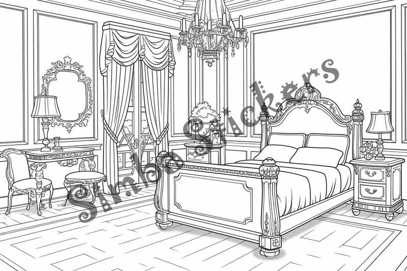 Colouring pages, bundle of house bedrooms, complex, 10 images
