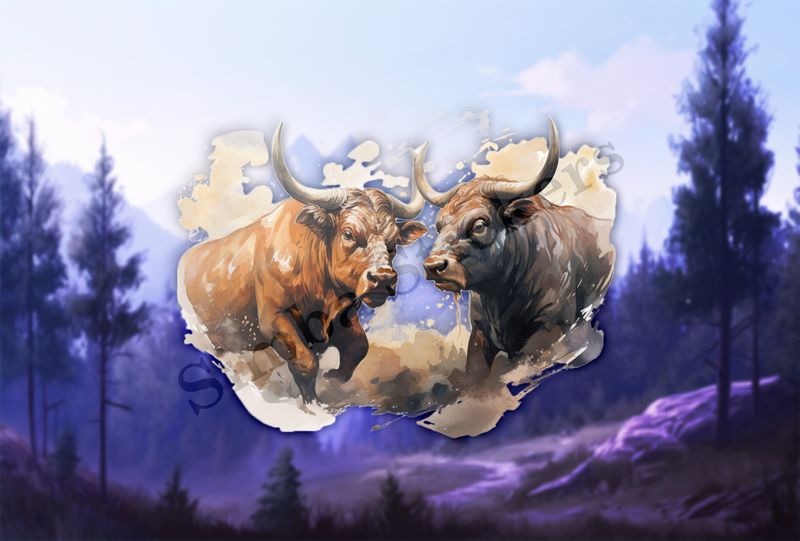 Bulls aggressively charging, watercolour
