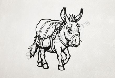 Small donkey carrying goods, outline art