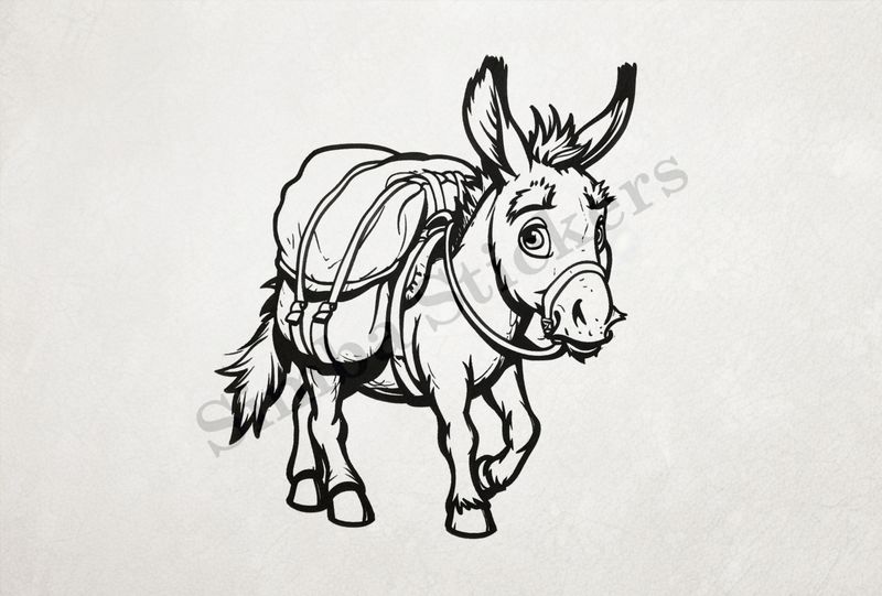 Small donkey carrying goods, outline art