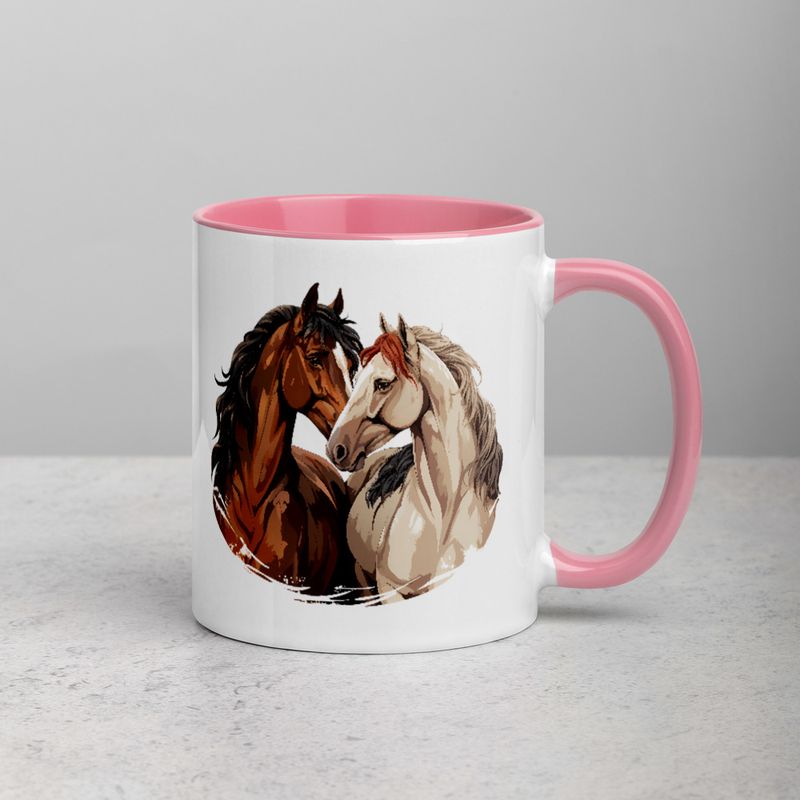 White Ceramic Mug with Color Inside, 11&amp;15oz, Horses nose-to-nose, jbgjpy