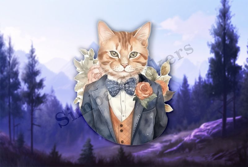 Cat in vitage suit, flower in pocket, watercolour