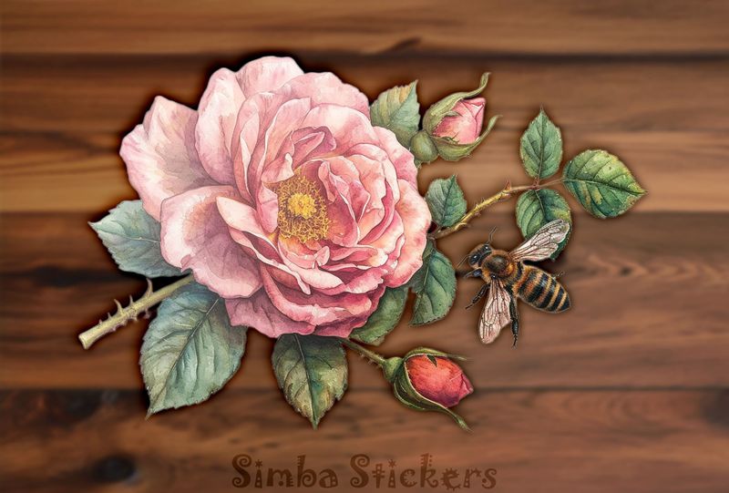 Bee buzzing around a rose flower