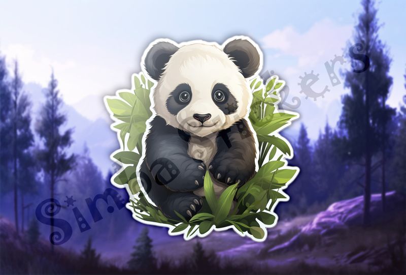 Panda bear sitting in leafy surroundings, t03smd