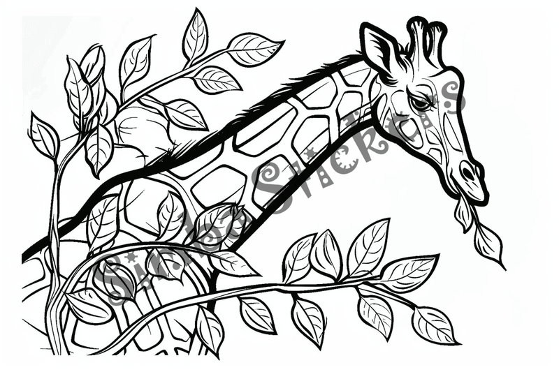 Colouring pages, bundle of giraffes towering above trees and shrubs, 10 images
