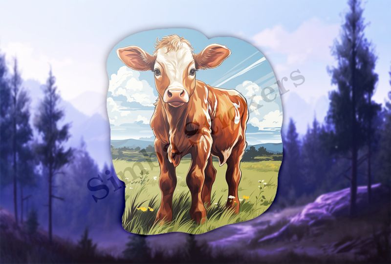Cattle calf in a field of grass under cloudy sky