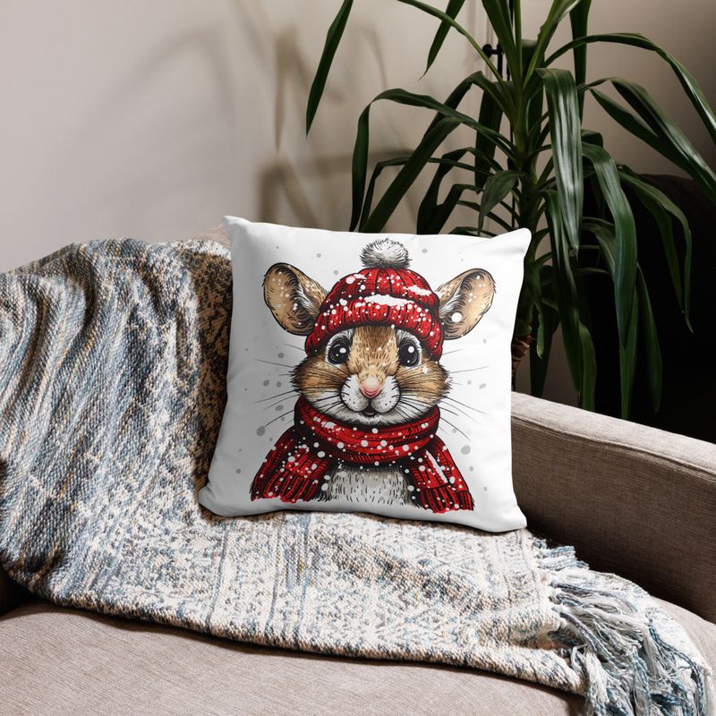 Pillow case 18x18, Mouse wearing red winter hat and scarf in the snow, xg8dl3