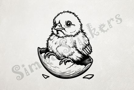 Chick sitting on egg shell after hatching, outline art