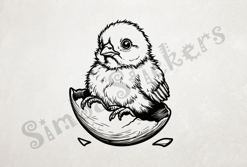 Chick sitting on egg shell after hatching, outline art
