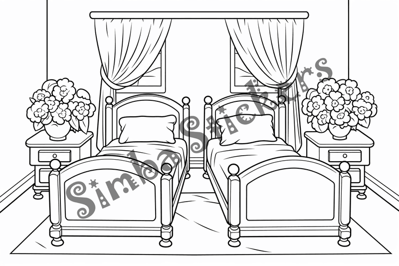 Colouring pages, bundle of house bedrooms, simple, 10 images