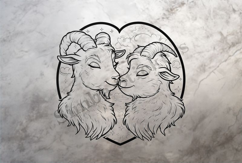 Goat younglings nose-to-nose, outline art